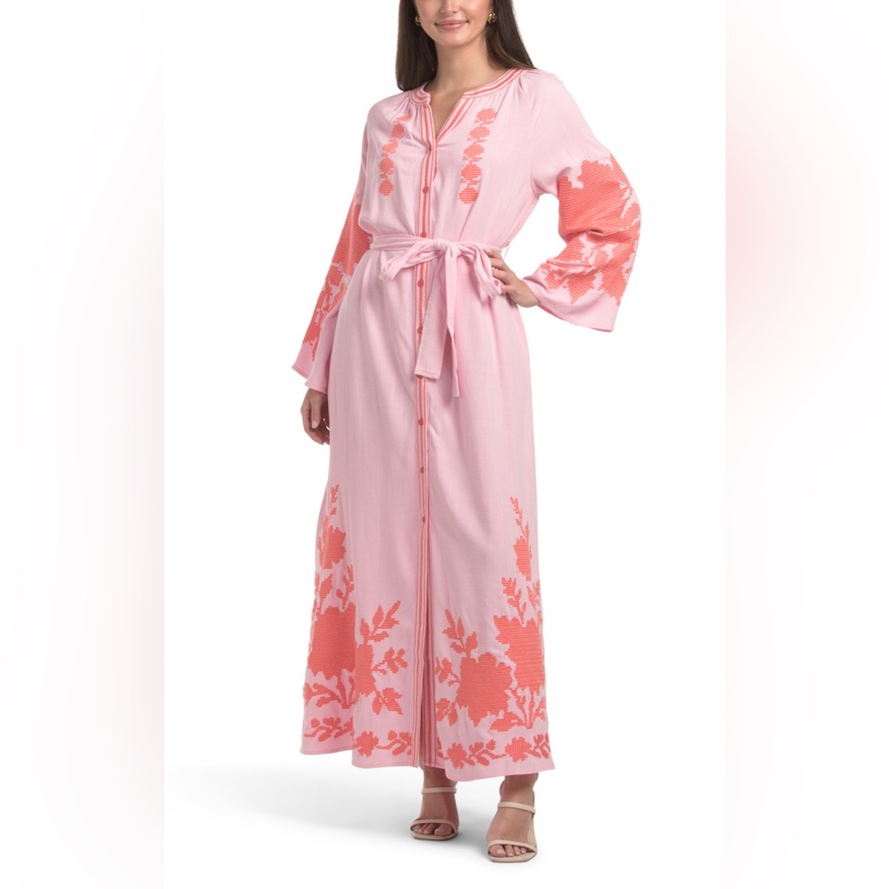 SOLITAIRE linen blend bell sleeve embroidered 
maxi dress -Long Robe with Belt